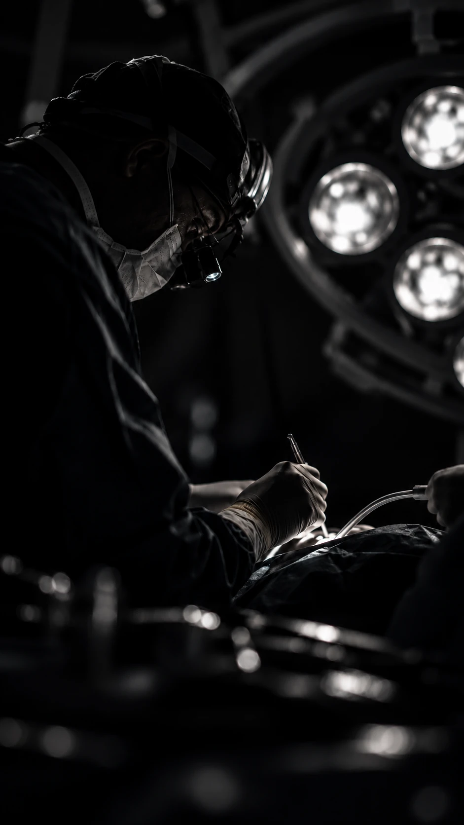 El Dr. Leonardo Figueroa operando, con lupas y luz frontal.